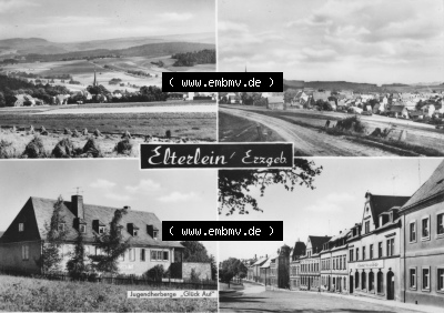 1968, Elterlein im Erzgebirge, Vierbildkarte vom Verlag Erhard Neubert KG Jugendherberge Glück Auf. Sammlung