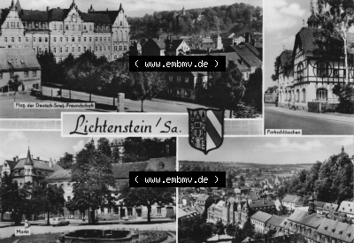 1969, Liechtenstein in Sachsen, Vierbildkarte vom Verlag Erhard Neubert KG Parkschlösschen, Markt. Sammlung