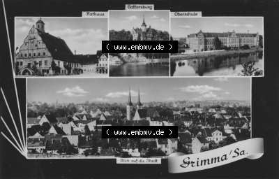1962, Grimma in Sachsen mit Vierbildkarte vom Verlag Erhard Neubert KG Rathaus, Gothersberg, Oberschule und Blick auf Stadt. Sammlung