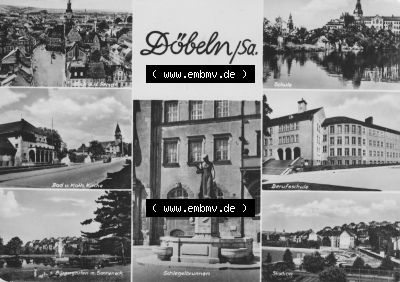1963, Döbeln in Sachsen auf 7-Bildkarte bzw. Siebenbildkarte, Blick zur Stadt, Schule, Schlegelbrunnen, Berufsschule, Stadion,... Sammlung
