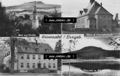 1966, Cranzahl im Erzgebirge, Vierbildkarte vom Verlag Erhard Neubert KG, Blick zur KIrche, Haus der Freundschaft, Schule, Stausee... Sammlung