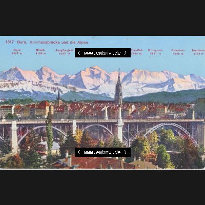 Ansichtskarte Schweiz, Karton Bern, Verwaltungskreis Bern-Mittelland, Stadt Bern, Lithografie vor 1945, 1517 Bern, Kornhausbrücke und die Alpen (1) Sammlung