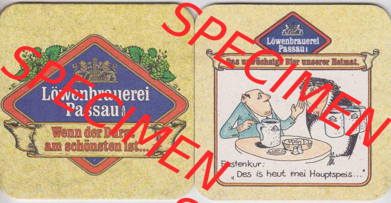 Bierdeckel Deutschland Löwenbrauerei Passau, Das urwüchsige Bier unserer Heimat, Fastenkur, des is Heut mei Hauptspeis (1). Katalog über deutsche Bierdeckel... Sammlung
