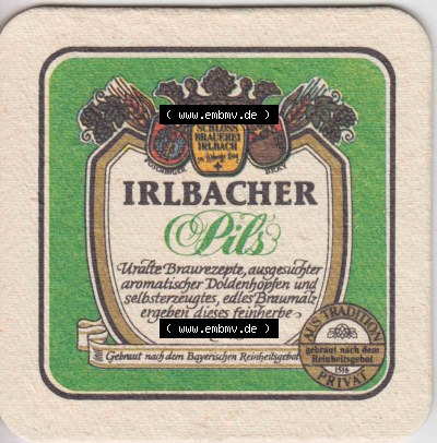 Bierdeckel Irlbacher Pils Uralte Brauerezepte, ausgesuchter aromatischer Doldenhopfen (2). Deutscher Katalog über deutsche Bierdeckel... Sammlung