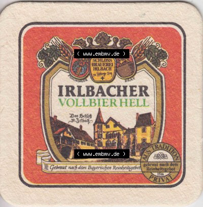 Bierdeckel Irlbacher Vollbier Hell, gebraut nach Bayerischen Reinheitsgebot (2). Deutscher Katalog über deutsche Bierdeckel Schlossbrauerei... Sammlung