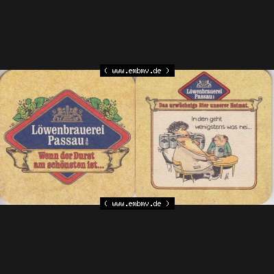 Bierdeckel Deutschland Löwenbrauerei Passau, Das urwüchsige Bier unserer Heimat, In den geht wenigstens was nei (1). Katalog über deutsche Bierdeckel der Löwenbrauerei... Sammlung