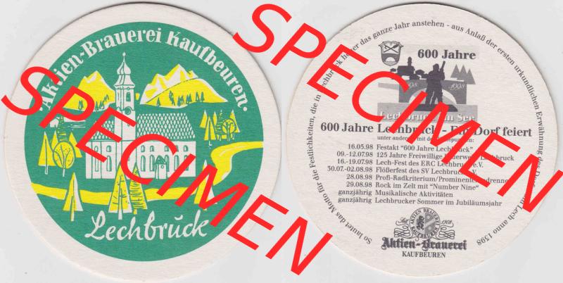Bierdeckel 1998, 600 Jahre Lechbrück Aktien-Brauerei Kaufbeuren (1). Deutscher Katalog über deutsche Bierdeckel Aktienbrauerei Kaufbeuren aus Bundesland Bayern, zum... Sammlung