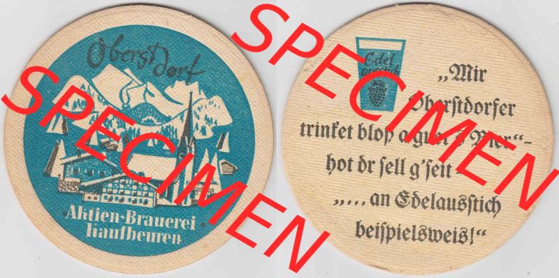 Bierdeckel Obersdorf Aktien-Brauerei Kaufbeuren (1). Deutscher Katalog über deutsche Bierdeckel Aktienbrauerei Kaufbeuren aus Bundesland Bayern, zum katalogisieren deiner Sammlung Sammlung