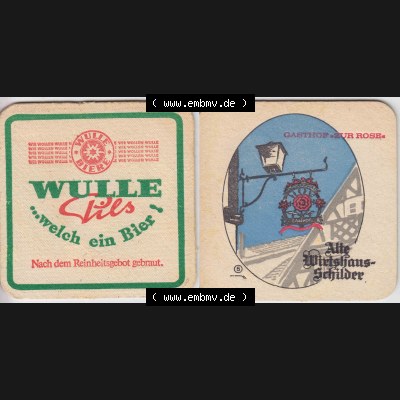 Bierdeckel Wulle Pils, welch ein Bier, Nach dem Reinheitsgebot gebraut (1). Deutscher Katalog über deutsche Bierdeckel Brauerei Wulle-Bier aus Bundesland Baden-Württemberg... Sammlung