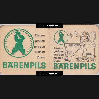 Bierdeckel Bärenpils, Berliner Bärenbier Brauerei Berlin (8). Deutscher Katalog über deutsche Bierdeckel Berliner Bärenbier Brauerei Berlin aus Bundesland Brandenburg... Sammlung