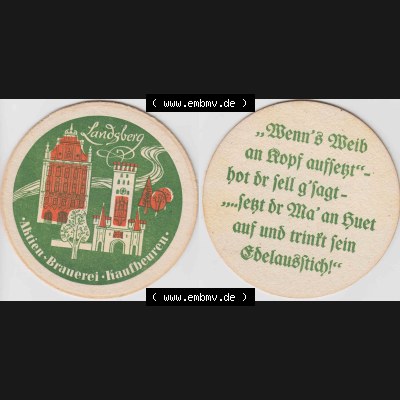 Bierdeckel Landsberg, Aktien-Brauerei Kaufbeuren (1). Deutscher Katalog über deutsche Bierdeckel Aktienbrauerei Kaufbeuren aus Bundesland Bayern, zum katalogisieren deiner... Sammlung