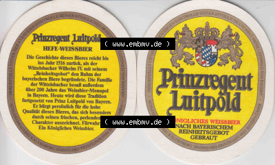 Bierdeckel Prinzregent Luitpold Königliches Weißbier, nach Bayerischem Reinheitsgebot gebraut (2). Deutscher Katalog über deutsche... Sammlung