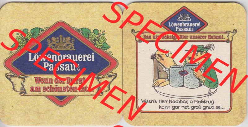 Bierdeckel Deutschland Löwenbrauerei Passau, Das urwüchsige Bier unserer Heimat, Wissns Herr Nachbar, a Maßkrug kann gar net groß genug sei (1).... Sammlung