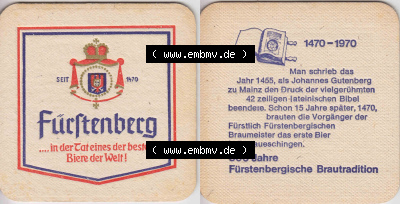 Bierdeckel Fürstenberg in der Tat eines der besten Biere der Welt 1470-1970 (1). Deutscher Katalog über deutsche Bierdeckel... Sammlung