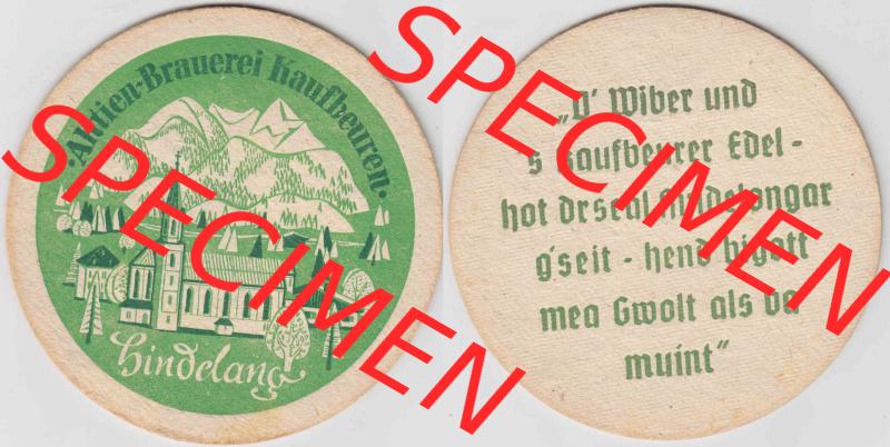 Bierdeckel Hindelang, Aktien-Brauerei Kaufbeuren (1). Deutscher Katalog über deutsche Bierdeckel Aktienbrauerei Kaufbeuren aus Bundesland Bayern, zum katalogisieren deiner... Sammlung