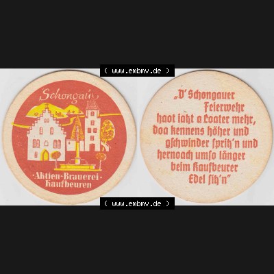 Bierdeckel Aktien-Brauerei Kaufbeuren, Schongaü (1). Deutscher Katalog über deutsche Bierdeckel Aktienbrauerei Kaufbeuren aus Bundesland Bayern, zum katalogisieren... Sammlung