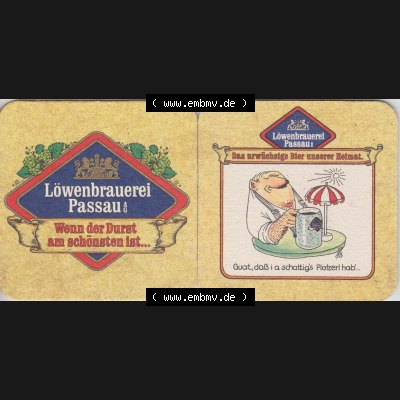 Bierdeckel Deutschland Löwenbrauerei Passau, Das urwüchsige Bier unserer Heimat, Guat, daß i a schattigs Platzerl hab (1). Katalog über deutsche... Sammlung