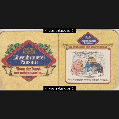 Bierdeckel Deutschland Löwenbrauerei Passau, Das urwüchsige Bier unserer Heimat, So a Platzregn macht mir gar nix aus (1). Katalog über deutsche Bierdeckel der... Sammlung