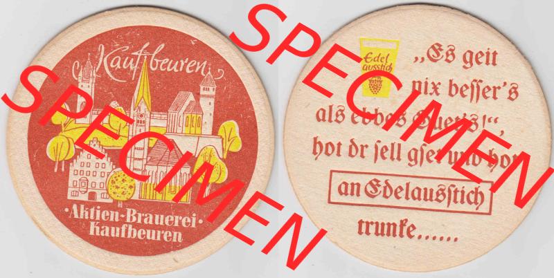 Bierdeckel Stadt Kaufbeuren, Aktien-Brauerei Kaufbeuren (1). Deutscher Katalog über deutsche Bierdeckel Aktienbrauerei Kaufbeuren aus Bundesland Bayern, zum katalogisieren... Sammlung