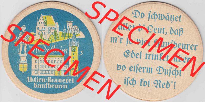 Bierdeckel Mindelheim, Aktien-Brauerei Kaufbeuren (1). Deutscher Katalog über deutsche Bierdeckel Aktienbrauerei Kaufbeuren aus Bundesland Bayern, zum katalogisieren deiner... Sammlung
