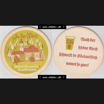 Bierdeckel In der Wies, Aktien-Brauerei Kaufbeuren (1). Deutscher Katalog über deutsche Bierdeckel Aktienbrauerei Kaufbeuren aus Bundesland Bayern, zum katalogisieren... Sammlung