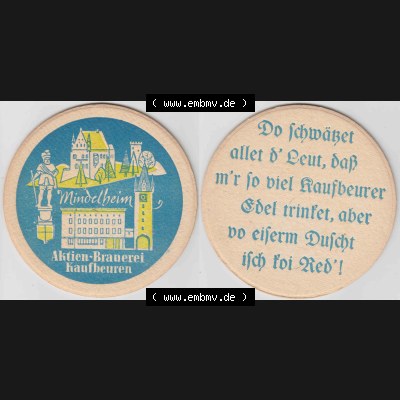 Bierdeckel Mindelheim, Aktien-Brauerei Kaufbeuren (1). Deutscher Katalog über deutsche Bierdeckel Aktienbrauerei Kaufbeuren aus Bundesland Bayern, zum katalogisieren deiner... Sammlung