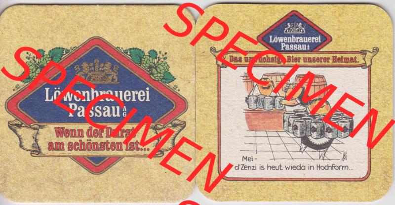 Bierdeckel Deutschland Löwenbrauerei Passau, Das urwüchsige Bier unserer Heimat, Mei dZenzi is heut wieda in Hochform (1). Katalog über deutsche Bierdeckel der... Sammlung
