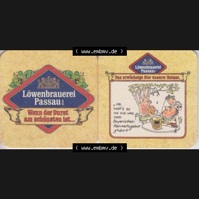 Bierdeckel Deutschland Löwenbrauerei Passau, Das urwüchsige Bier unserer Heimat, He habts es no nia was vom Bayerischen Reinheitsgebote gehört (1). Katalog über... Sammlung