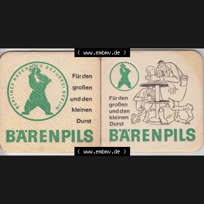 Bierdeckel Bärenpils, Berliner Bärenbier Brauerei Berlin (9). Deutscher Katalog über deutsche Bierdeckel Berliner Bärenbier Brauerei Berlin aus Bundesland Brandenburg... Sammlung