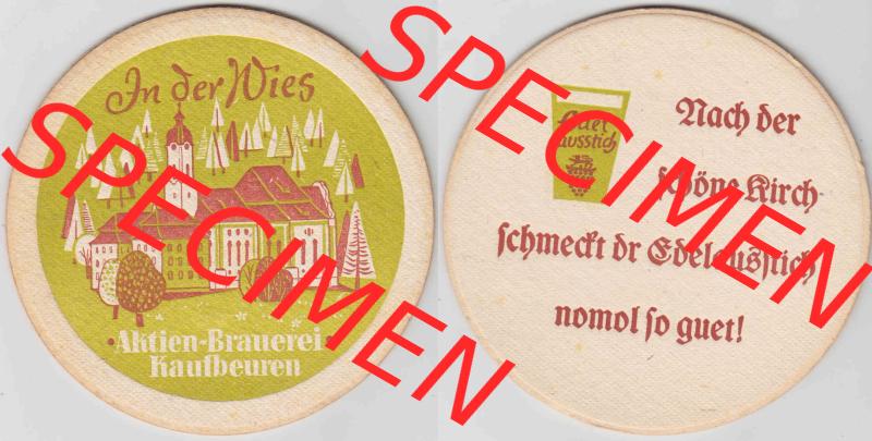Bierdeckel In der Wies, Aktien-Brauerei Kaufbeuren (1). Deutscher Katalog über deutsche Bierdeckel Aktienbrauerei Kaufbeuren aus Bundesland Bayern, zum katalogisieren... Sammlung