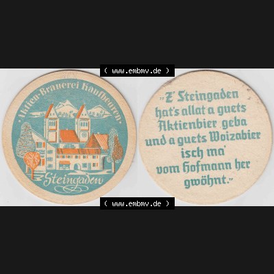 Bierdeckel Aktien-Brauerei Kaufbeuren, Steingaden (1). Deutscher Katalog über deutsche Bierdeckel Aktienbrauerei Kaufbeuren aus Bundesland Bayern, zum katalogisieren deiner... Sammlung