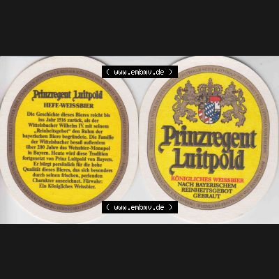 Bierdeckel Prinzregent Luitpold Königliches Weißbier, nach Bayerischem Reinheitsgebot gebraut (2). Deutscher Katalog über deutsche Bierdeckel König Ludwig Schlossbrauerei... Sammlung