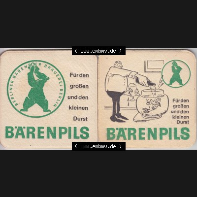 Bierdeckel Bärenpils, Berliner Bärenbier Brauerei Berlin (10). Deutscher Katalog über deutsche Bierdeckel Berliner Bärenbier Brauerei Berlin aus Bundesland Brandenburg... Sammlung