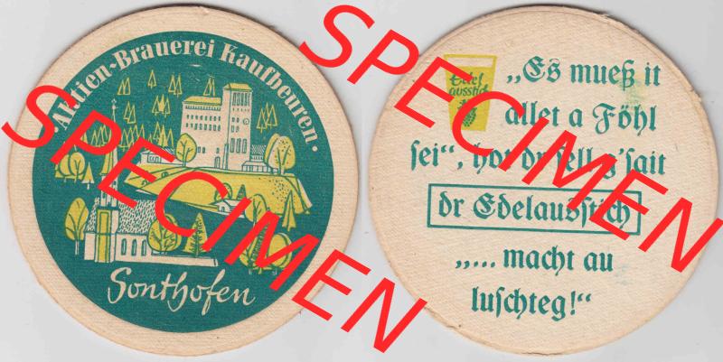 Bierdeckel Aktien-Brauerei Kaufbeuren, Sonthofen (1). Deutscher Katalog über deutsche Bierdeckel Aktienbrauerei Kaufbeuren aus Bundesland Bayern, zum katalogisieren deiner... Sammlung