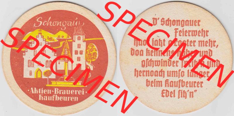 Bierdeckel Aktien-Brauerei Kaufbeuren, Schongaü (1). Deutscher Katalog über deutsche Bierdeckel Aktienbrauerei Kaufbeuren aus Bundesland Bayern, zum katalogisieren... Sammlung