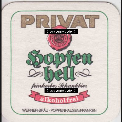 Bierdeckel Privat Hopfenhell, feinherbes Schankbier, alkoholfrei (2). Deutscher Katalog über deutsche Bierdeckel Privatbrauerei Werner-Bräu aus Bundesland Bayern,... Sammlung