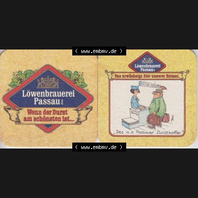 Bierdeckel Deutschland Löwenbrauerei Passau, Das urwüchsige Bier unserer Heimat, Des is a Passauer Durstkoffer (1). Katalog über deutsche Bierdeckel der Löwenbrauerei... Sammlung