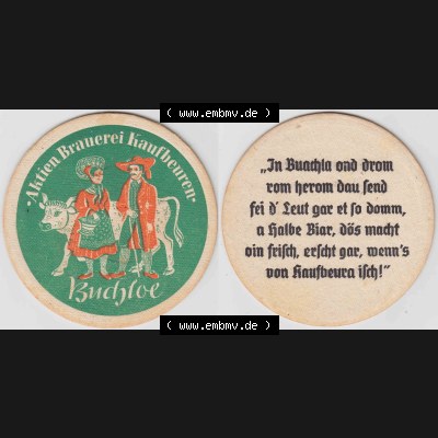 Bierdeckel Buchloe, Aktien-Brauerei Kaufbeuren (1). Deutscher Katalog über deutsche Bierdeckel Aktienbrauerei Kaufbeuren aus Bundesland Bayern, zum katalogisieren deiner... Sammlung