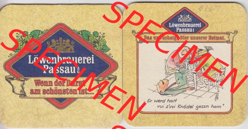 Bierdeckel Deutschland Löwenbrauerei Passau, Das urwüchsige Bier unserer Heimat, Er werd halt vui zvui Knödel gessn ham (1). Katalog über deutsche Bierdeckel... Sammlung