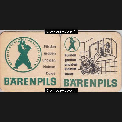 Bierdeckel Bärenpils, Berliner Bärenbier Brauerei Berlin (2). Deutscher Katalog über deutsche Bierdeckel Berliner Bärenbier Brauerei Berlin aus Bundesland Brandenburg... Sammlung