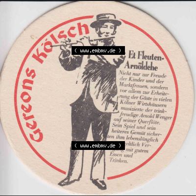 Bierdeckel Deutschland Gereons Kölsch Et Fleuten-Arnoldehe (1). Deutscher Katalog über deutsche Bierdeckel Gereons Kölsch aus Bundesland Nordrhein-Westfalen, zum katalogisieren... Sammlung