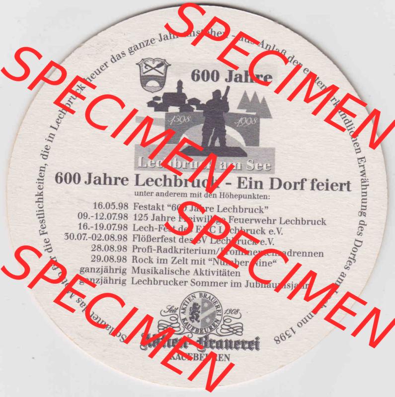 Bierdeckel 1998, 600 Jahre Lechbrück Aktien-Brauerei Kaufbeuren (3). Deutscher Katalog über deutsche Bierdeckel Aktienbrauerei Kaufbeuren aus Bundesland Bayern, zum... Sammlung