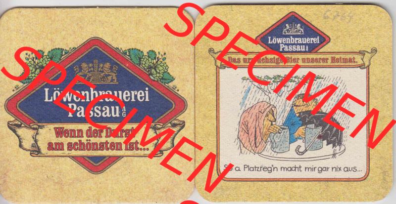 Bierdeckel Deutschland Löwenbrauerei Passau, Das urwüchsige Bier unserer Heimat, So a Platzregn macht mir gar nix aus (1). Katalog über deutsche Bierdeckel der... Sammlung