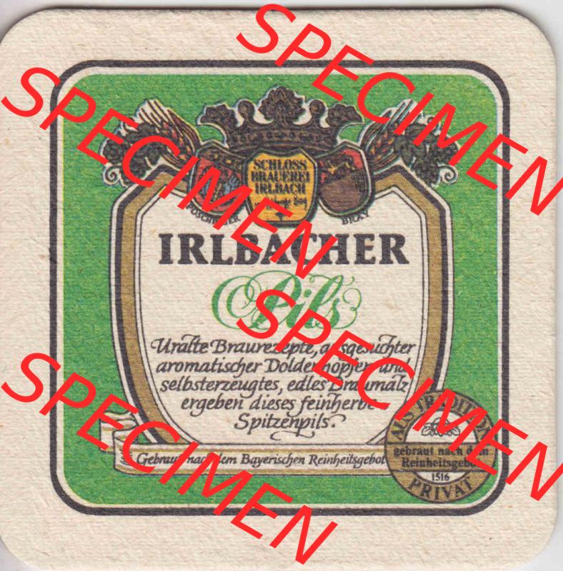 Bierdeckel Irlbacher Pils Uralte Brauerezepte, ausgesuchter aromatischer Doldenhopfen (2). Deutscher Katalog über deutsche Bierdeckel Schlossbrauerei Irlbach aus Bundesland... Sammlung