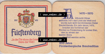 Bierdeckel Fürstenberg, 1470-1970, Albrecht Dürer erblickte 1471 das Licht der Welt und wurde wohl zum berühmesten Maler Deutschlands... Sammlung