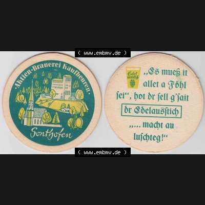 Bierdeckel Aktien-Brauerei Kaufbeuren, Sonthofen (1). Deutscher Katalog über deutsche Bierdeckel Aktienbrauerei Kaufbeuren aus Bundesland Bayern, zum katalogisieren deiner... Sammlung