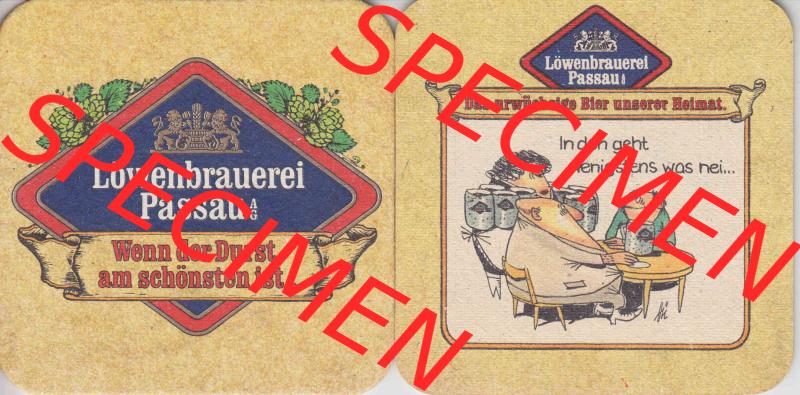 Bierdeckel Deutschland Löwenbrauerei Passau, Das urwüchsige Bier unserer Heimat, In den geht wenigstens was nei (1). Katalog über deutsche Bierdeckel der Löwenbrauerei... Sammlung