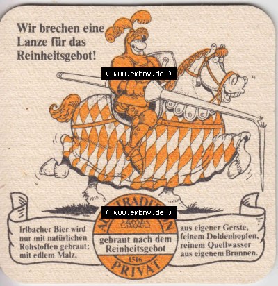 Bierdeckel Irlbacher Vollbier Hell, gebraut nach Bayerischen Reinheitsgebot (3). Deutscher Katalog über deutsche Bierdeckel Schlossbrauerei... Sammlung