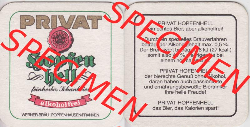Bierdeckel Privat Hopfenhell, feinherbes Schankbier, alkoholfrei (1). Deutscher Katalog über deutsche Bierdeckel Privatbrauerei Werner-Bräu aus Bundesland Bayern,... Sammlung