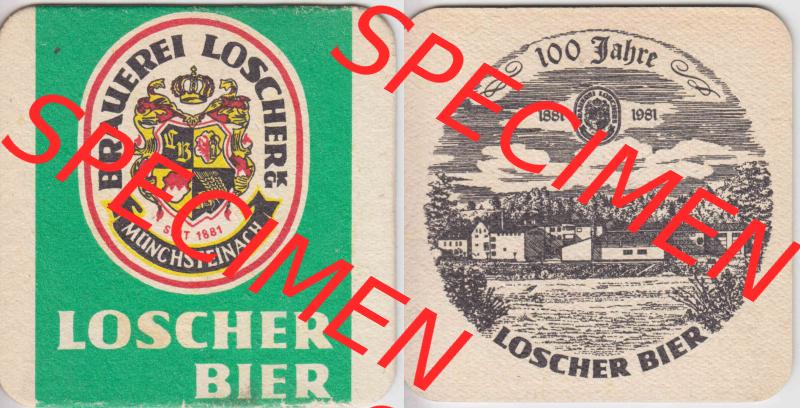 Bierdeckel 1981 Brauerei Loscher Münchsteinach, 100 Jahre Loscher Bier (1). Deutscher Katalog über deutsche Bierdeckel Brauerei Loscher Münchsteinach aus Bundesland... Sammlung